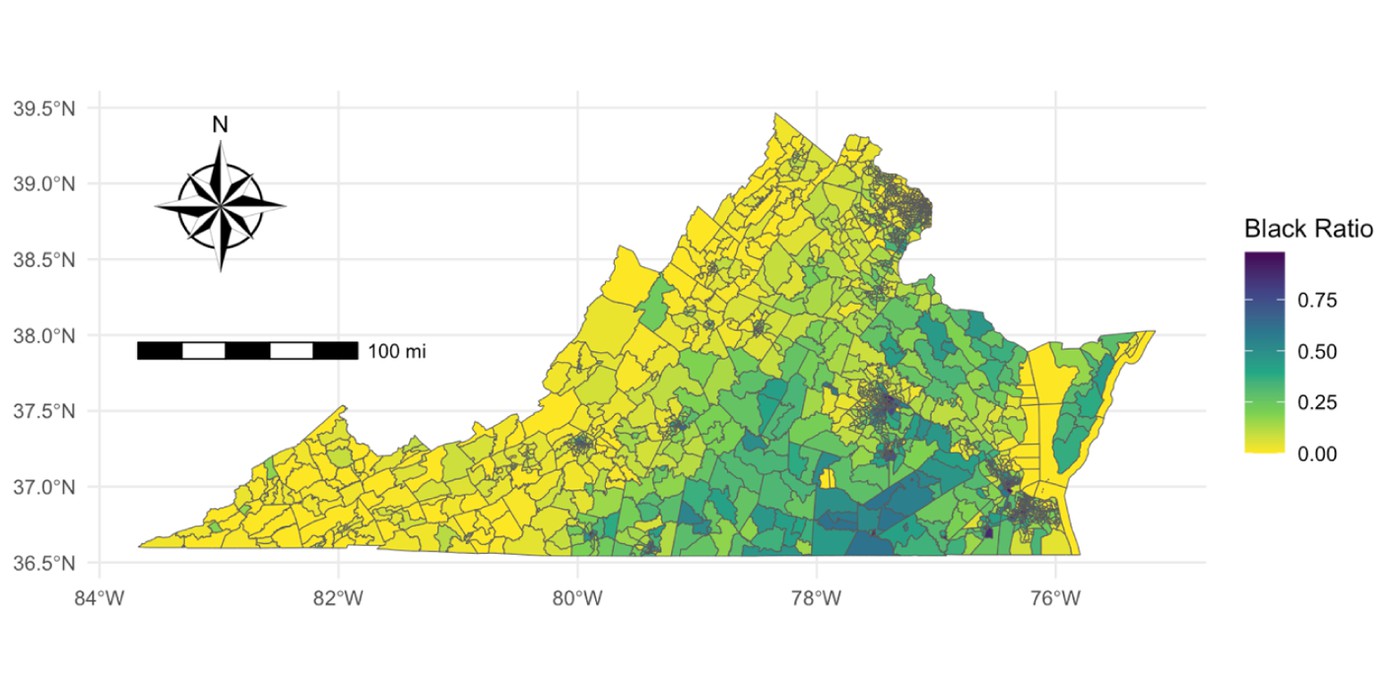 Virginia census tracts colored by demographic equity dimension, motivating equity-aware hotspot identification