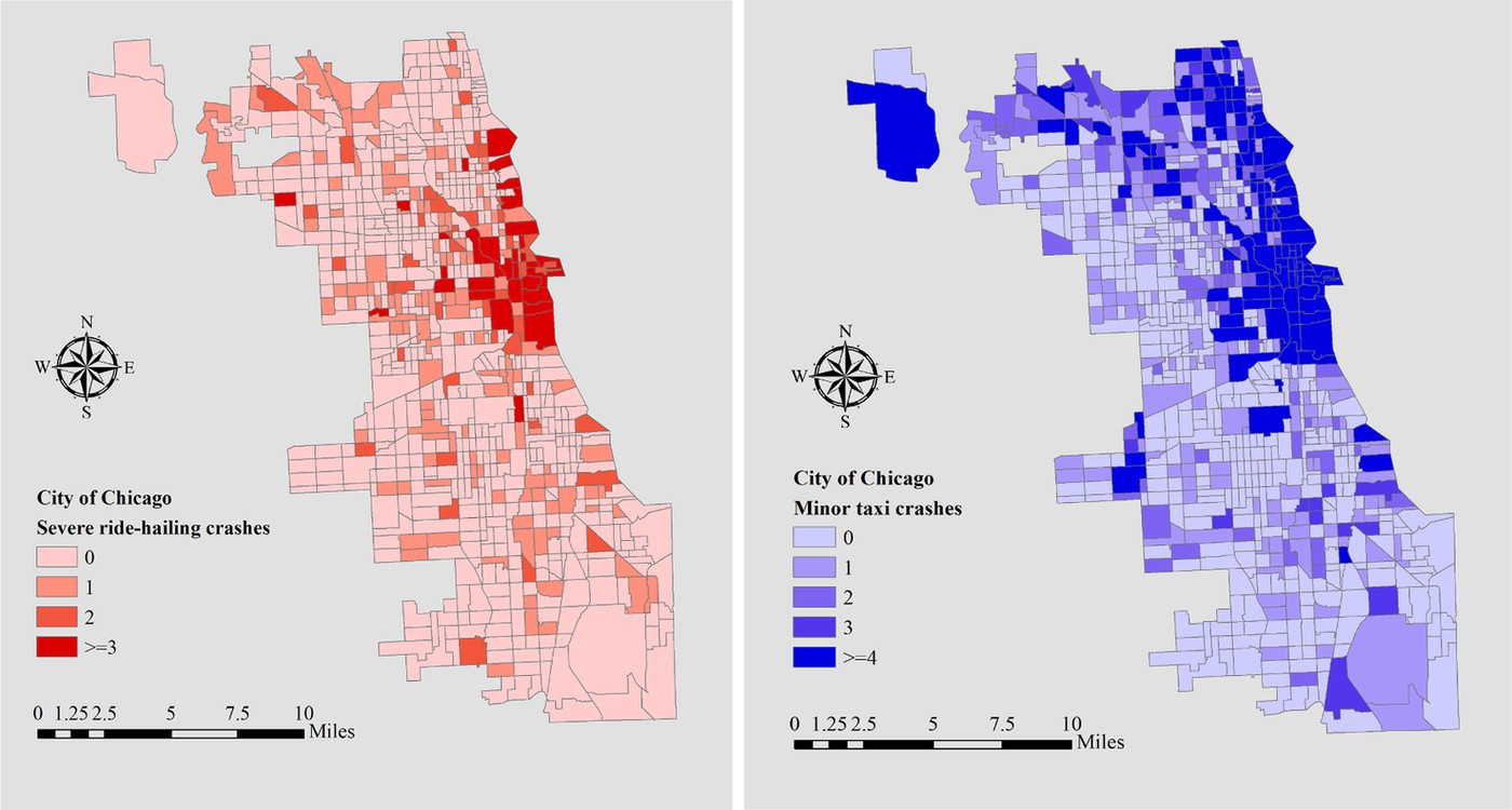 Side-by-side Chicago maps of severe ride-hailing crashes and minor taxi crashes